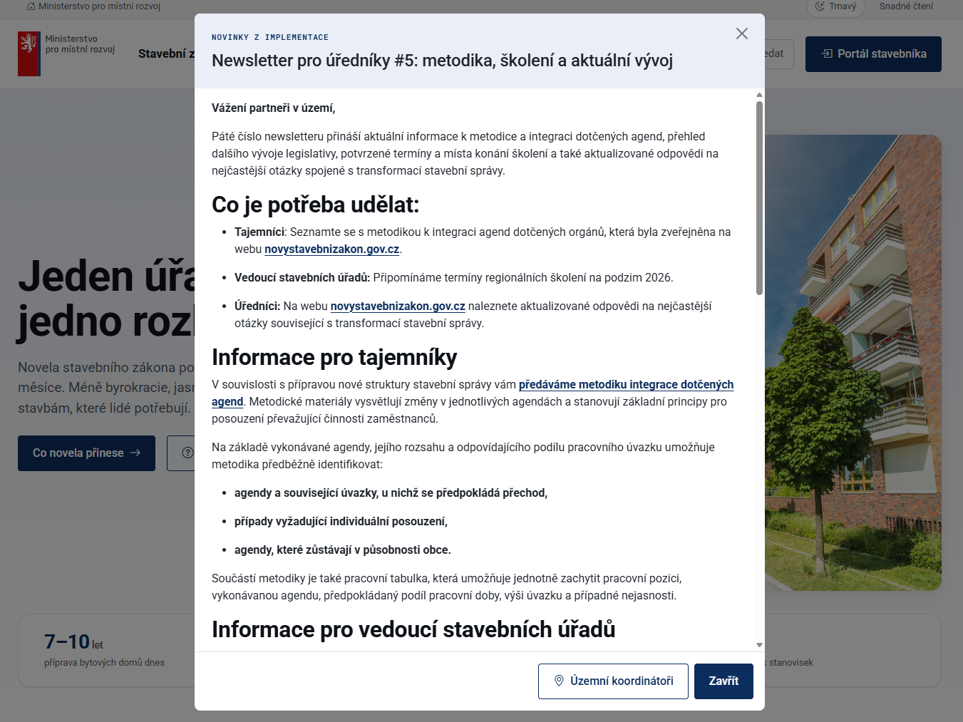 Další Newsletter pro úředníky přináší informace o metodice, školeních a vývoji transformace stavební správy