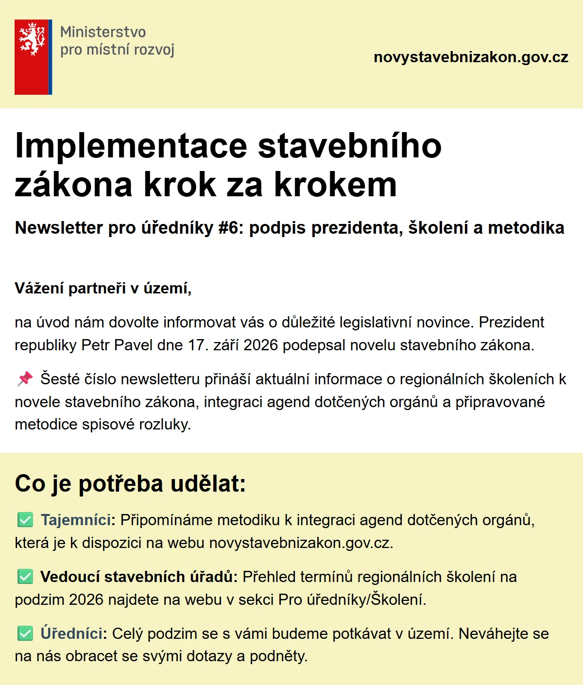 Náhled rozeslaného newsletteru — Podpis prezidenta, školení a metodika